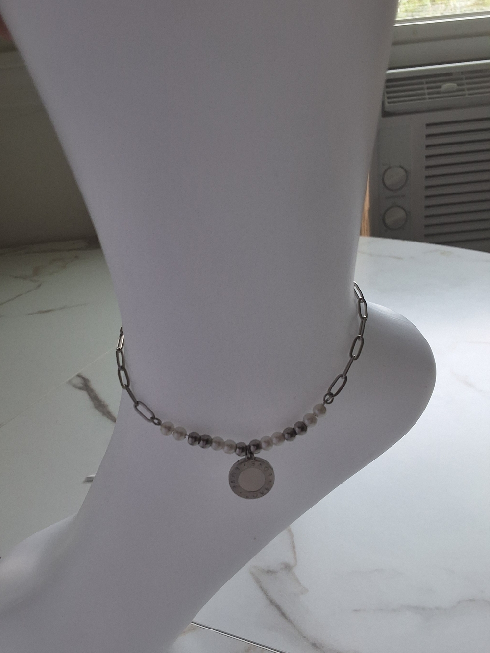 Sterling Silver Tone Bead Necklace with Round Pendant - White/Gray